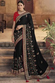 Picture of Delightful Black and Red Colored Designer Silk Saree