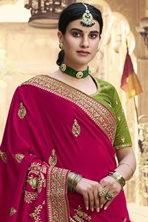 Picture of Ravishing Pink and Green Colored Designer Silk Saree
