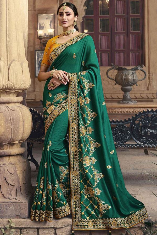 Picture of Artistic Green and Yellow Colored Designer Silk Saree