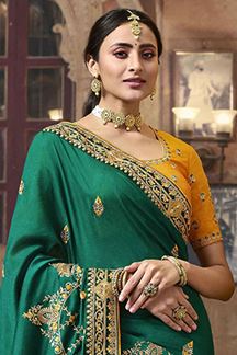 Picture of Artistic Green and Yellow Colored Designer Silk Saree