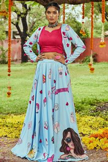 Picture of Awesome Sky Blue and Pink Colored Designer Lehenga Choli