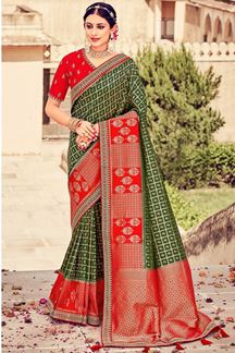 Picture of Heavenly Green and Red Colored Designer Saree