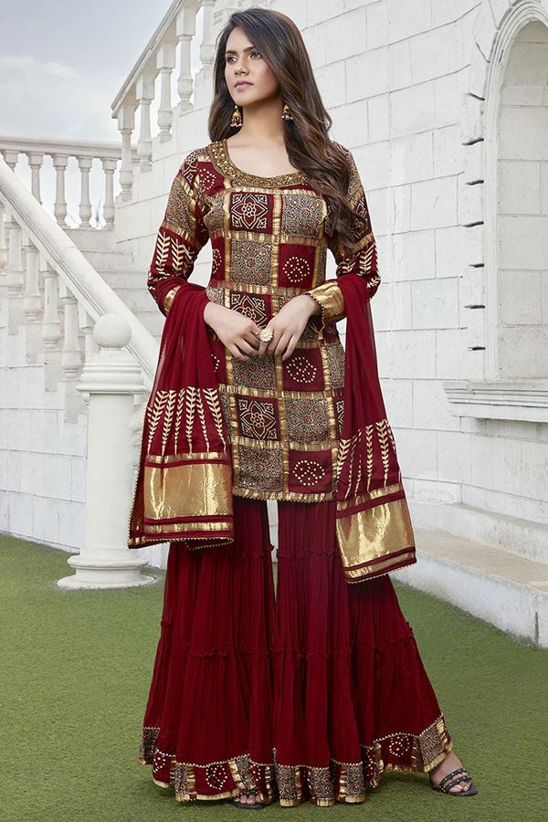 Picture of Aesthetic Maroon and Golden Colored Designer Suit
