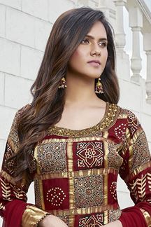 Picture of Aesthetic Maroon and Golden Colored Designer Suit