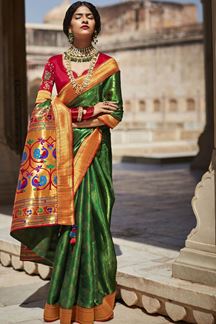 Picture of Striking Red and Green Colored Designer Silk Saree