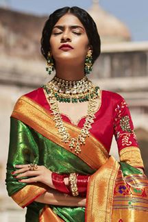 Picture of Striking Red and Green Colored Designer Silk Saree