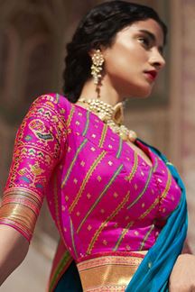 Picture of Dazzling Blue and Pink Colored Designer Silk Saree