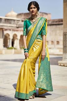 Picture of Royal Mustard and Green Colored Designer Silk Saree
