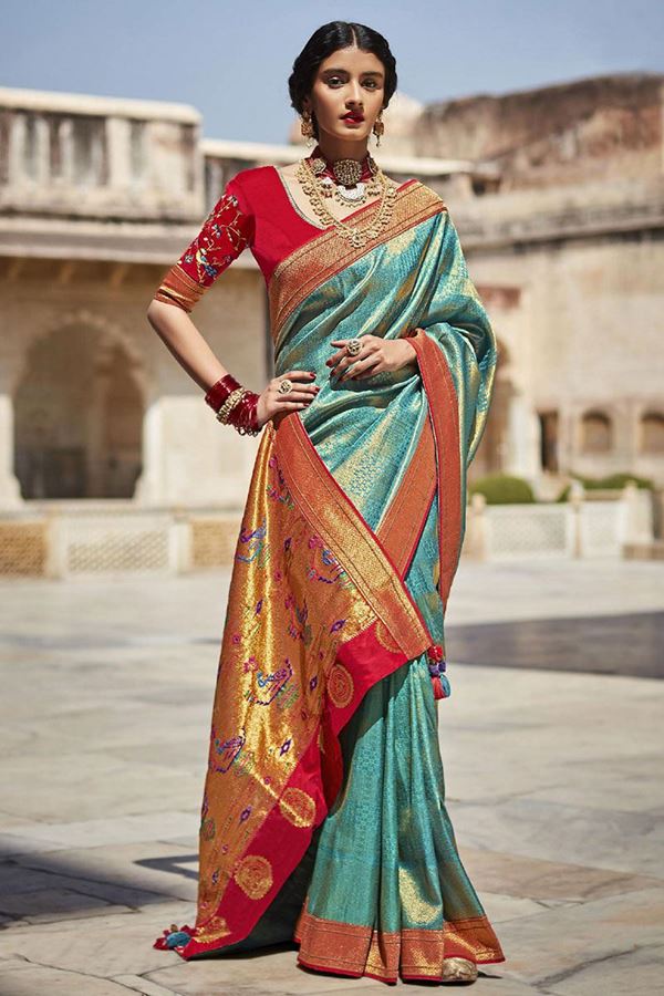 Picture of Adorable Mint Green and Red Colored Designer Silk Saree
