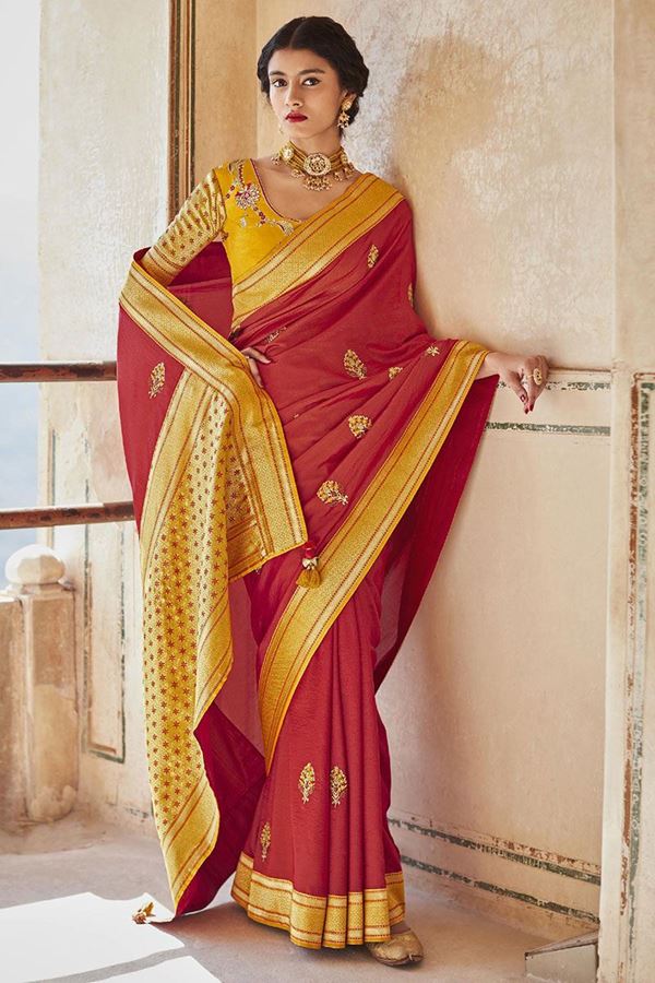 Picture of Fascinating Red and Yellow Colored Designer Silk Saree