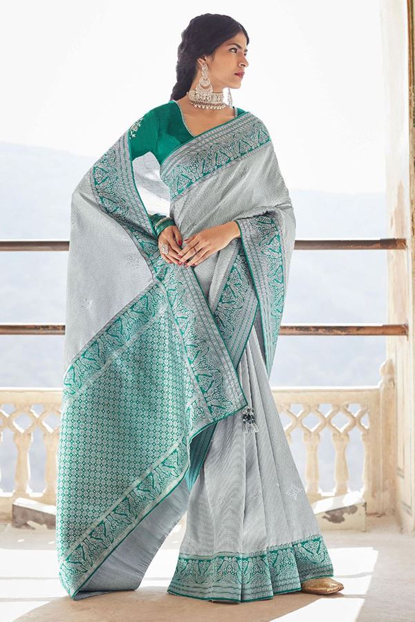 Picture of Outstanding Grey and Green Colored Designer Silk Saree