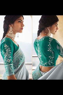 Picture of Outstanding Grey and Green Colored Designer Silk Saree
