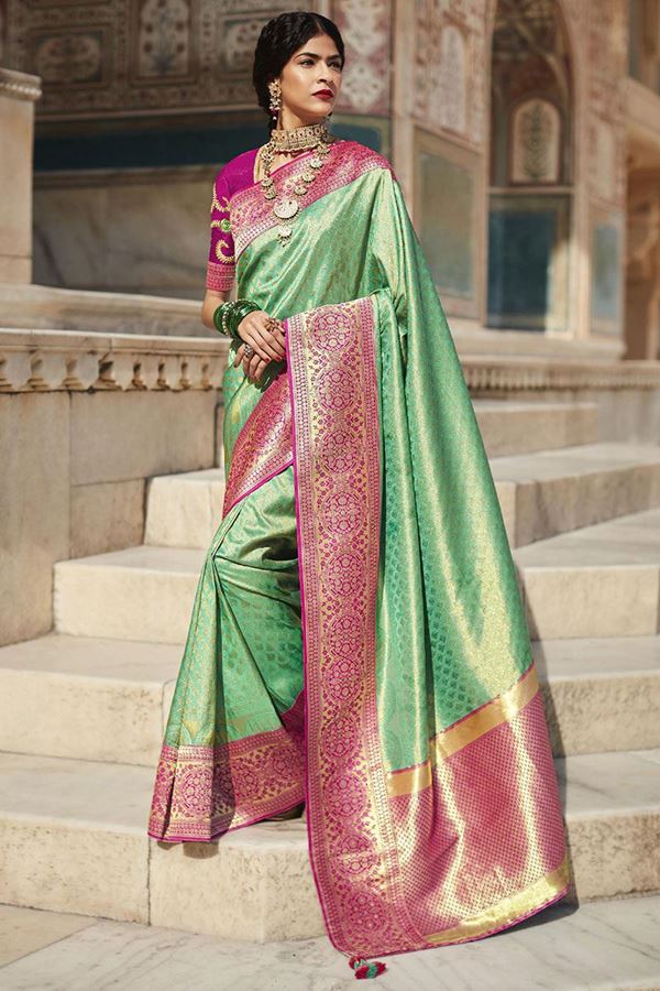 Picture of Splendid Light Green and Rani Colored Designer Silk Saree