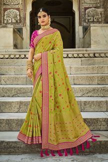 Picture of Heavenly Liril Green and Pink Colored Designer Silk Saree