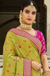 Picture of Heavenly Liril Green and Pink Colored Designer Silk Saree