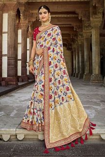 Picture of Delightful Off-White and Red Colored Designer Silk Saree