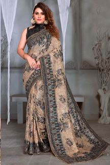 Picture of Vibrant Beige and Black Colored Designer Saree