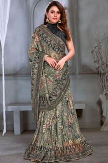 Picture of Flamboyant Green and Black Colored Designer Saree