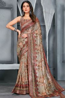 Picture of Astounding Olive Green and Red Colored Designer Saree