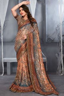 Picture of Impressive Peach and Rama Colored Designer Saree