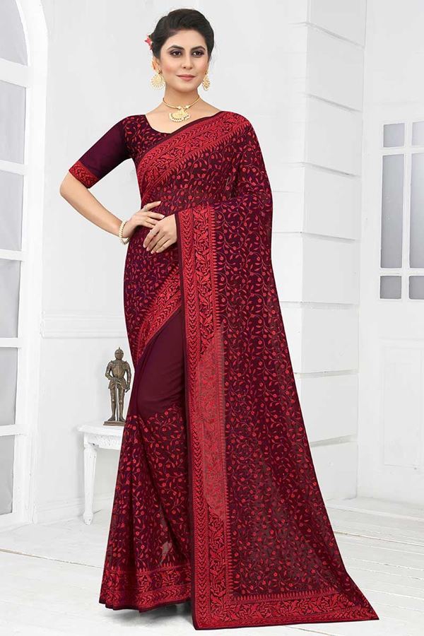 Picture of Delightful Wine Colored Designer Saree