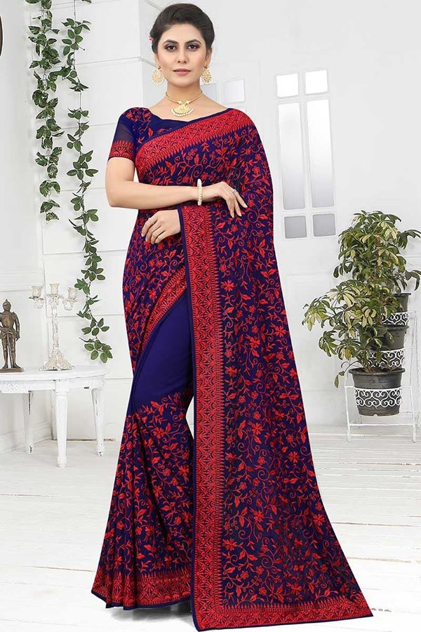 Picture of Attractive Navy Blue Colored Designer Saree