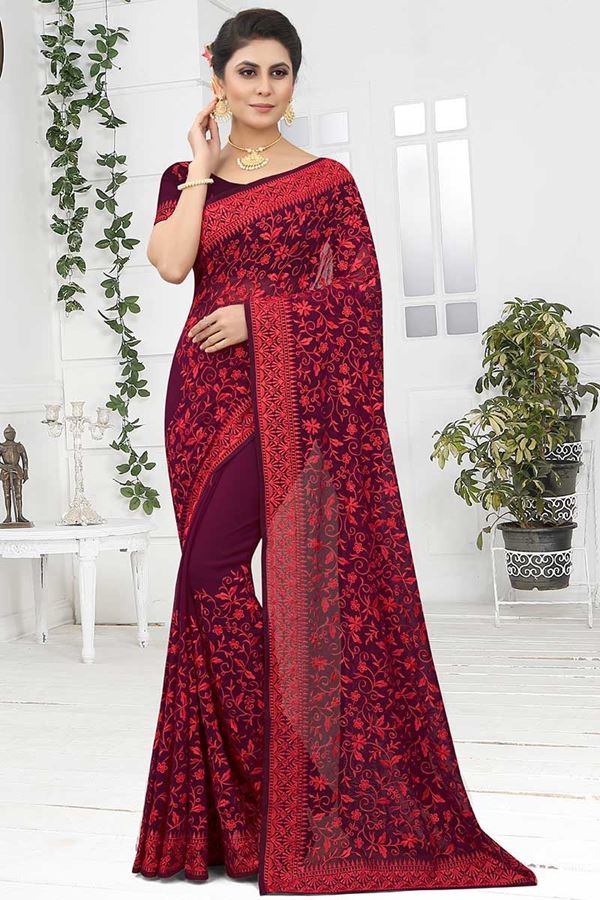 Picture of Glamorous Wine Colored Designer Saree