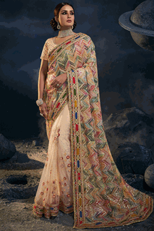 Picture of Classy Beige and Multi-Colored Designer Saree