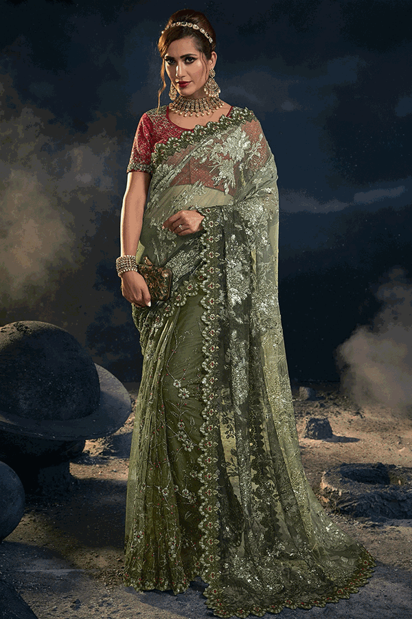 Picture of Astounding Olive Green and Red Colored Designer Saree