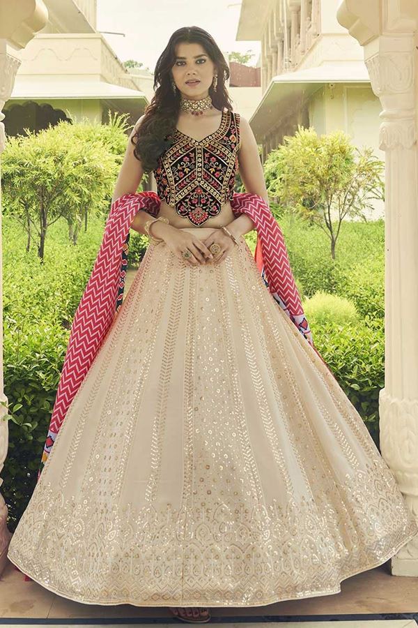 Picture of Charismatic Beige and Navy Blue Colored Designer Lehenga Choli