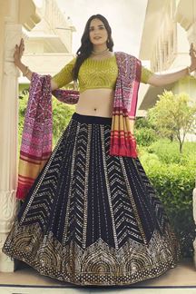 Picture of Captivating Navy Blue and Green Colored Designer Lehenga Choli