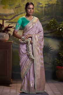 Picture of Exquisite Lavender and Light Green Colored Designer Silk Saree