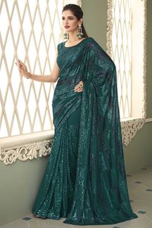 Picture of Lovely Peacock Green Colored Designer Saree