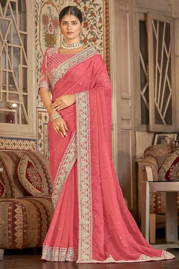 Picture of Enticing Coral Colored Designer Saree