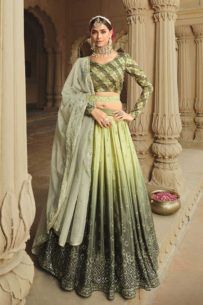 Sangeet Function Wear Fancy Fabric Printed Sea Green Color Lehenga Choli