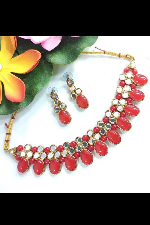 Picture of Magnificent Red Colored Party wear Imitation Jewellery Traditional Choker