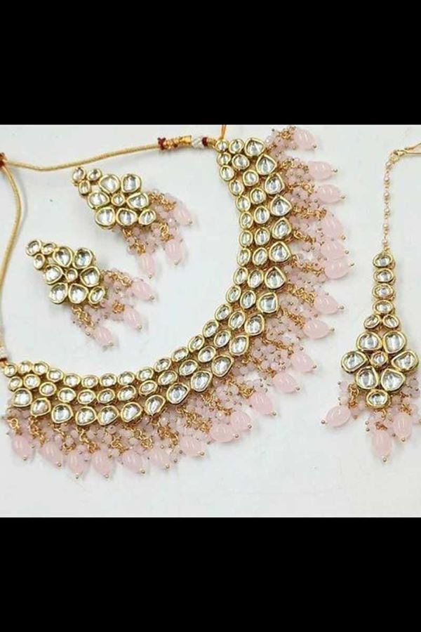 Picture of Astounding Light Pink Colored Premium Choker with a pair of Earrings and Mangtikka