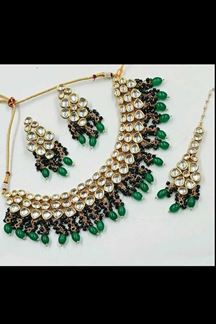 Picture of Impressive Green Colored Premium Choker with a pair of Earrings and Mangtikka