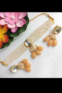 Picture of Pretty Peach Colored Premium Choker with a pair of Earrings