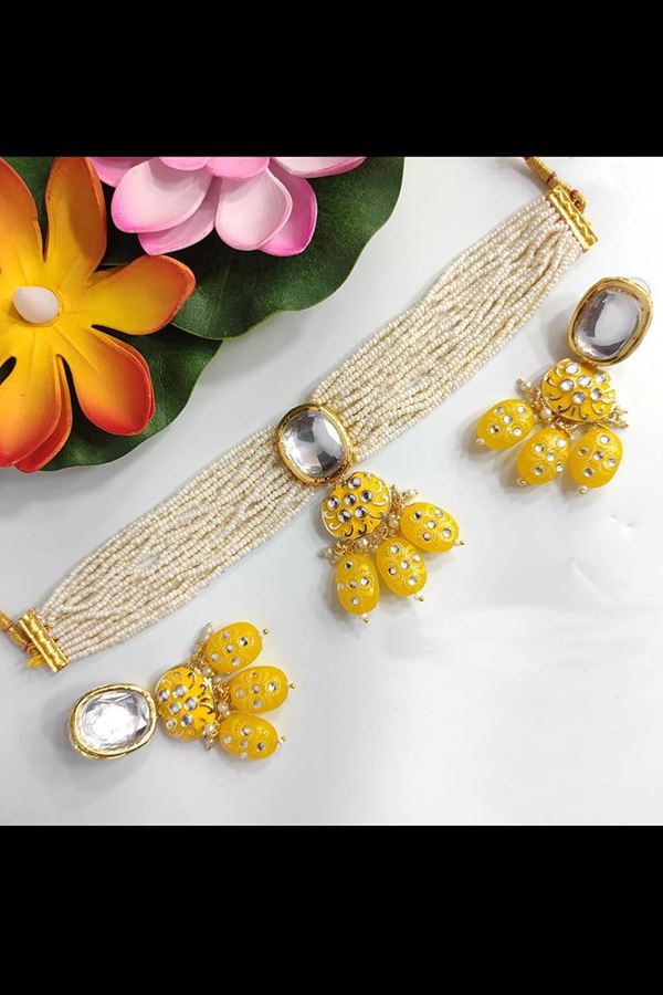 Picture of Awesome Yellow Colored Premium Choker with a pair of Earrings