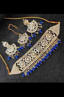 Picture of Outstanding Blue Colored Premium Choker with a pair of Earrings and Mangtikka