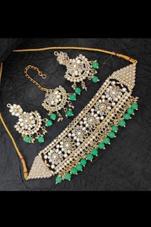 Picture of Fascinating Mint Green Colored Premium Choker with a pair of Earrings and Mangtikka