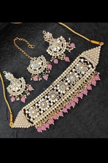 Picture of Bollywood Pink Colored Premium Choker with a pair of Earrings and Mangtikka