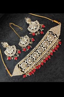 Picture of Royal Red Colored Premium Choker with a pair of Earrings and Mangtikka
