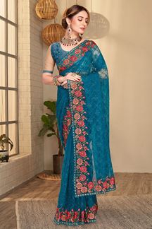 Picture of Glamorous Peacock Colored Designer Saree