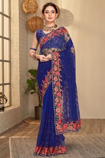 Picture of Exuberant Navy Blue Colored Designer Saree