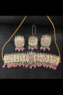 Picture of Astounding Pink Colored Premium Choker with a pair of Earring and Mangtikka