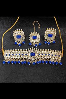Picture of Heavenly Royal Blue Colored Premium Choker with a pair of Earring and Mangtikka