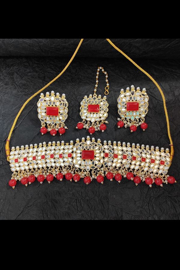 Picture of Delightful Red Colored Premium Choker with a pair of Earring and Mangtikka