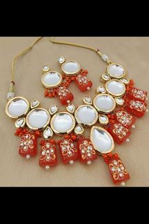 Picture of Enticing Orange Colored Premium Choker with a pair of Earring and Mangtikka
